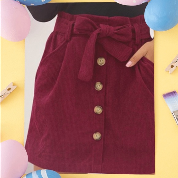 WINE CORDUROY TIE-BELT SKIRT - Picture 2 of 6